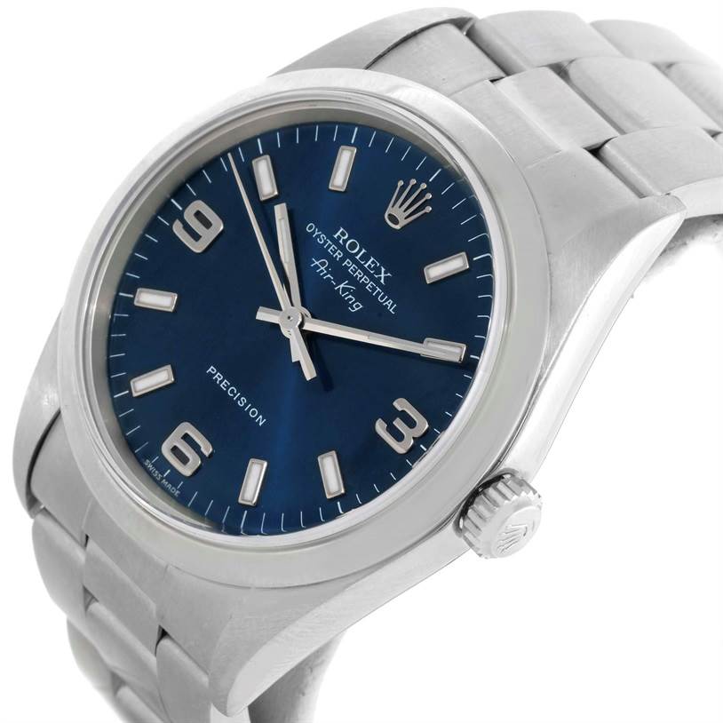The image shows a Rolex Air-King 14000 Men's Stainless Steel Blue Dial 14000 Men's Stainless Steel Blue Dial watch at a slight angle, displaying the face, dial, bracelet, and crown.