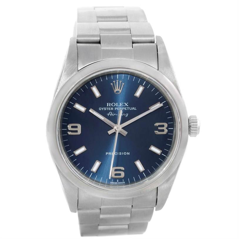 The image shows a front view of a Rolex Air-King 14000 Men's Stainless Steel Blue Dial 14000 Men's Stainless Steel Blue Dial watch, displaying its blue dial, stainless steel case, and bracelet.