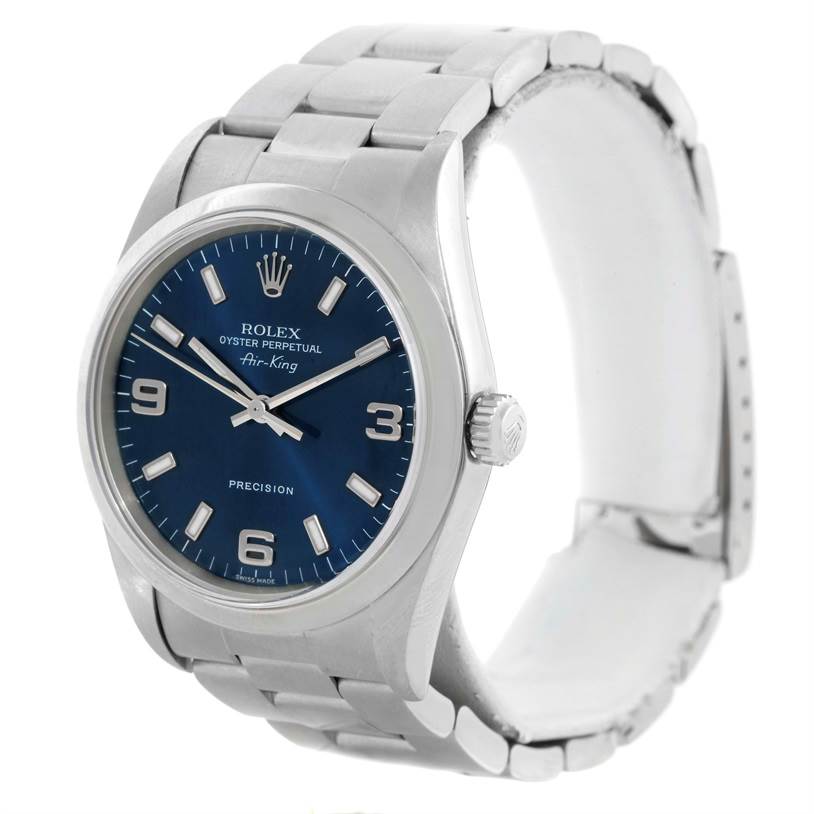 This image shows a Rolex Air-King 14000 Men's Stainless Steel Blue Dial 14000 Men's Stainless Steel Blue Dial watch from a slight front angle, displaying the dial, case, and partial bracelet.