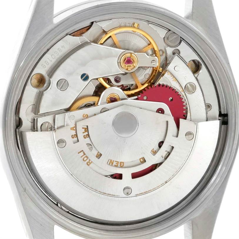 This is a close-up view of the Air-King Rolex watch's internal mechanical movement.