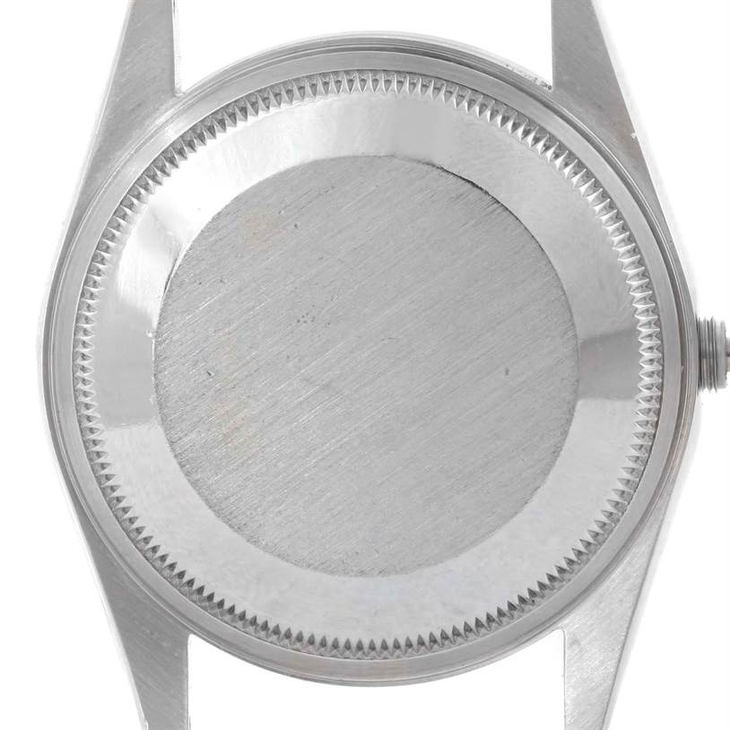 This image shows the back case of the Rolex Air-King 14000 Men's Stainless Steel Pink Dial 14000 Men's Stainless Steel Pink Dial watch from a straight-on angle.