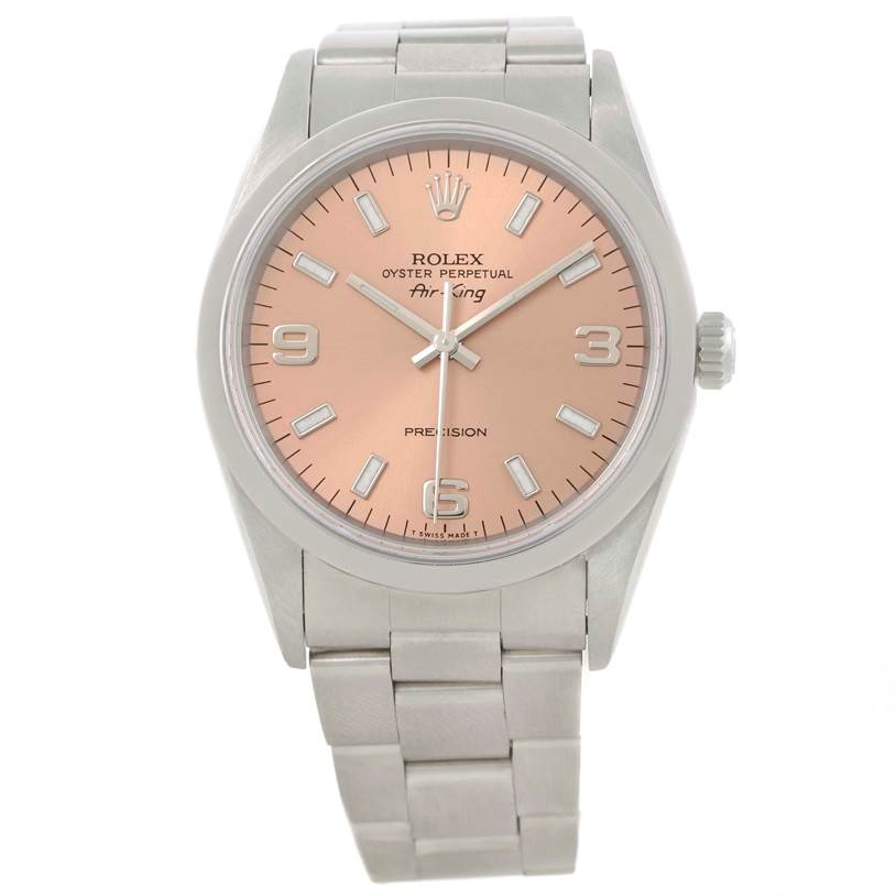 This image shows a frontal view of the Rolex Air-King 14000 Men's Stainless Steel Pink Dial 14000 Men's Stainless Steel Pink Dial watch, highlighting its face, bezel, hands, and bracelet.