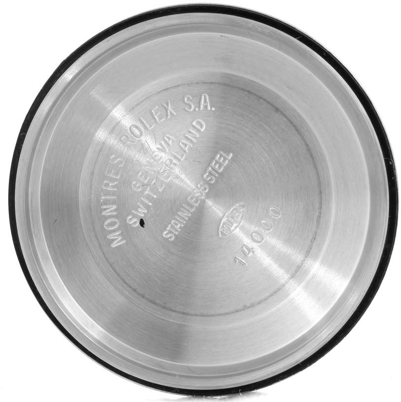 This image shows the inside of the case back for a Rolex Air-King 14000 Men's Stainless Steel Pink Dial 14000 Men's Stainless Steel Pink Dial watch.