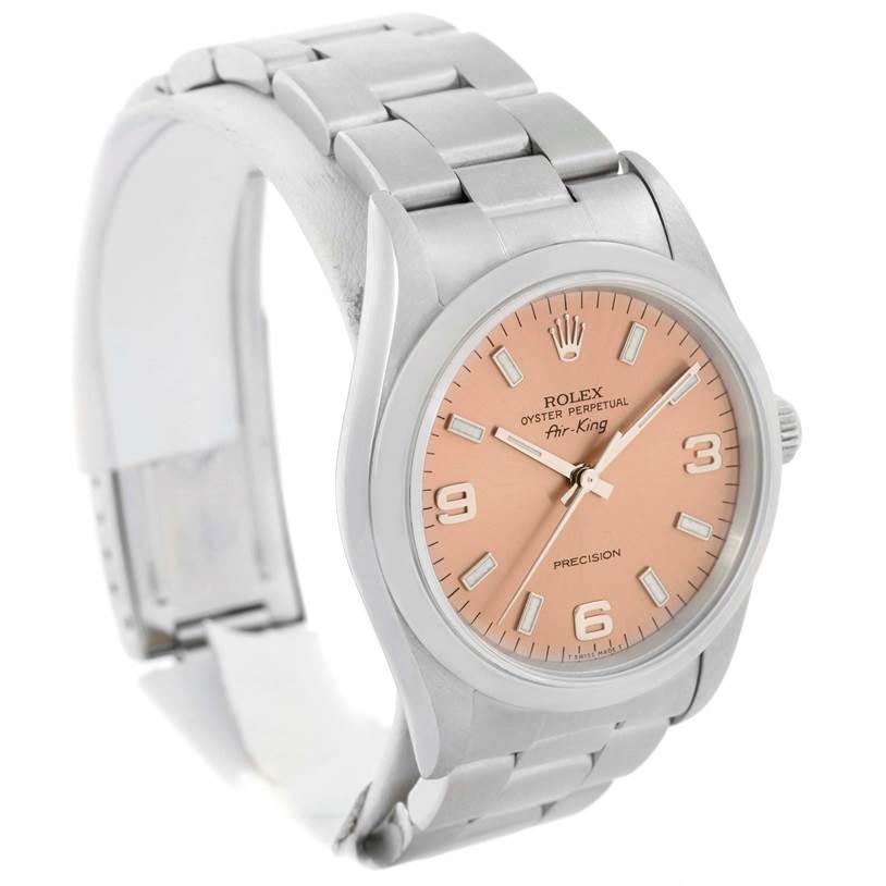 The Rolex Air-King 14000 Men's Stainless Steel Pink Dial 14000 Men's Stainless Steel Pink Dial watch is shown from a front-left angle, displaying its face, bezel, and bracelet.