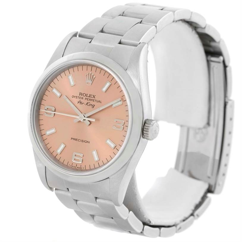 The image shows a Rolex Air-King 14000 Men's Stainless Steel Pink Dial 14000 Men's Stainless Steel Pink Dial watch at a slight angle, featuring its pink dial, stainless steel case, and bracelet.