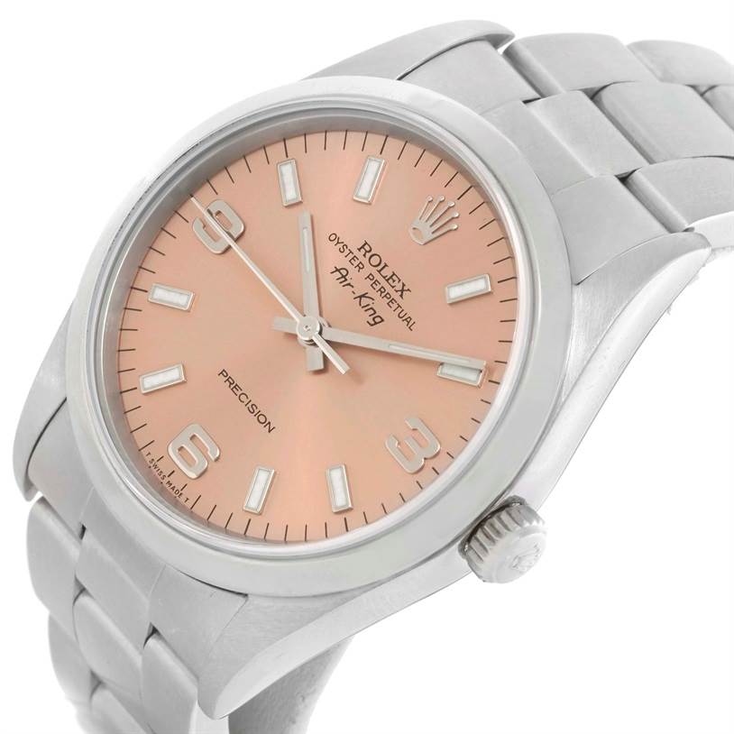 The image shows a Rolex Air-King 14000 Men's Stainless Steel Pink Dial 14000 Men's Stainless Steel Pink Dial watch at an angle highlighting its pink dial, case, crown, and part of the bracelet.