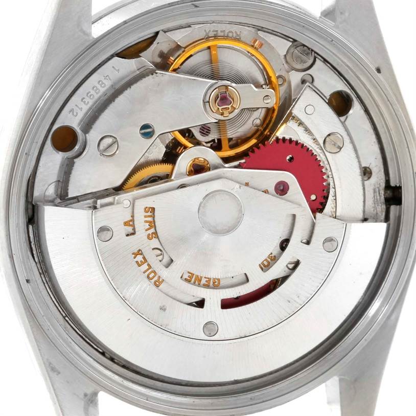 This image shows the internal mechanism of an Air-King model Rolex watch viewed from the back casing.