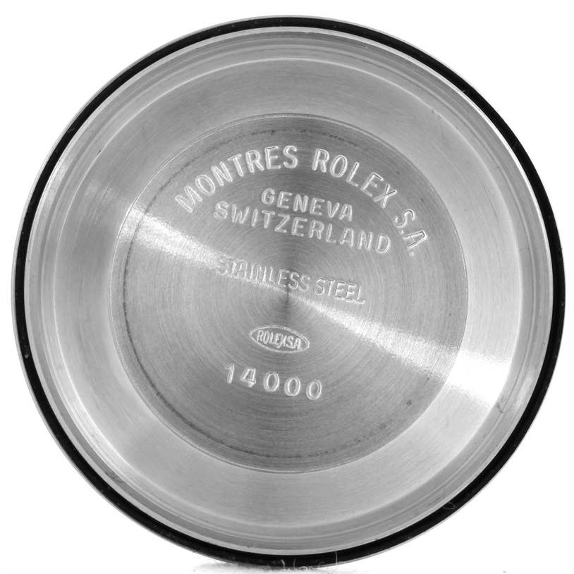 This image shows the stainless steel case back of the Rolex Air-King 14000 Men's Stainless Steel Blue Dial 14000 Men's Stainless Steel Blue Dial model, engraved with the brand and model details.