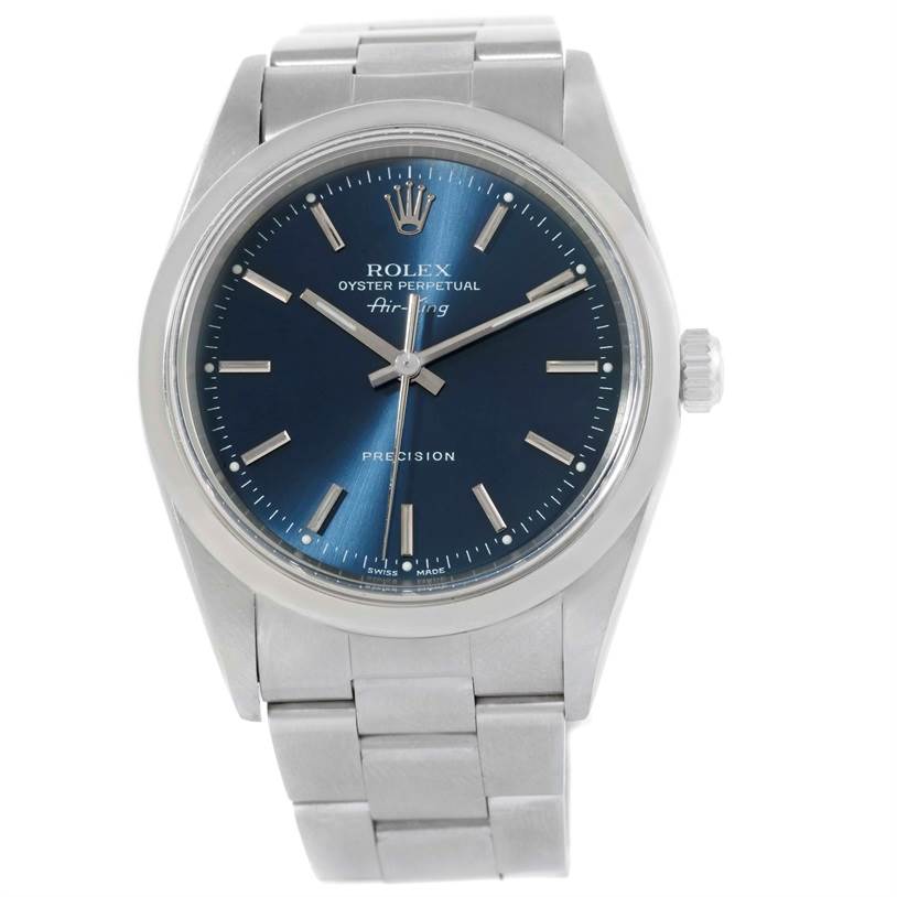 The image shows a front view of the Rolex Air-King 14000 Men's Stainless Steel Blue Dial 14000 Men's Stainless Steel Blue Dial watch, featuring its face, hands, bezel, and part of the bracelet.