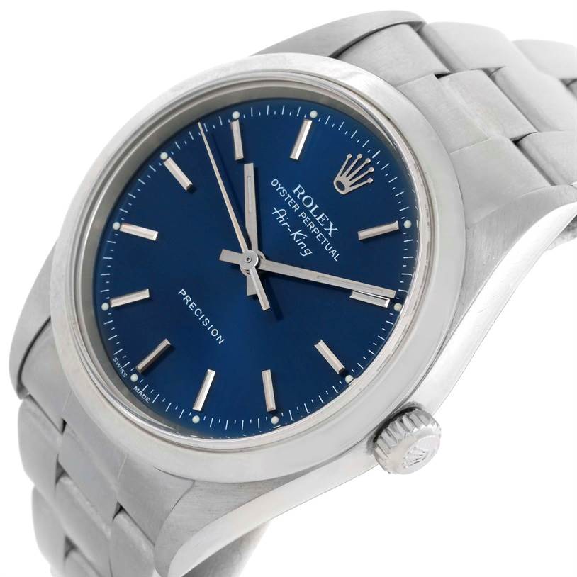 The Rolex Air-King 14000 Men's Stainless Steel Blue Dial 14000 Men's Stainless Steel Blue Dial watch is shown at a slight angle, displaying its crown, face, hour markers, and part of the band.