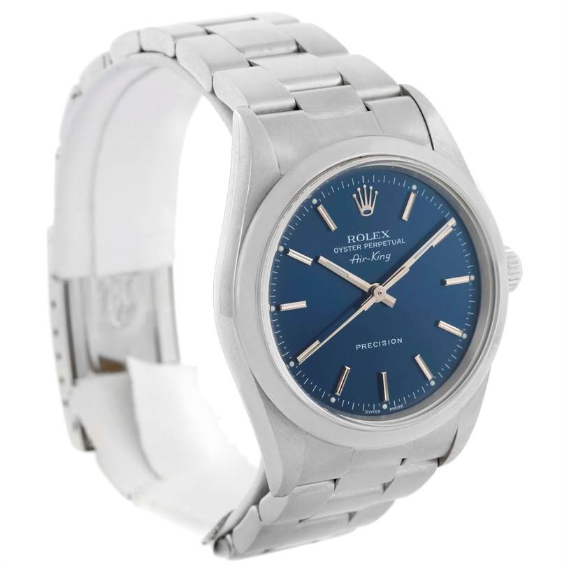 The image shows a side angle of a Rolex Air-King 14000 Men's Stainless Steel Blue Dial 14000 Men's Stainless Steel Blue Dial watch highlighting its stainless steel bracelet, blue dial, and silver hour markers.