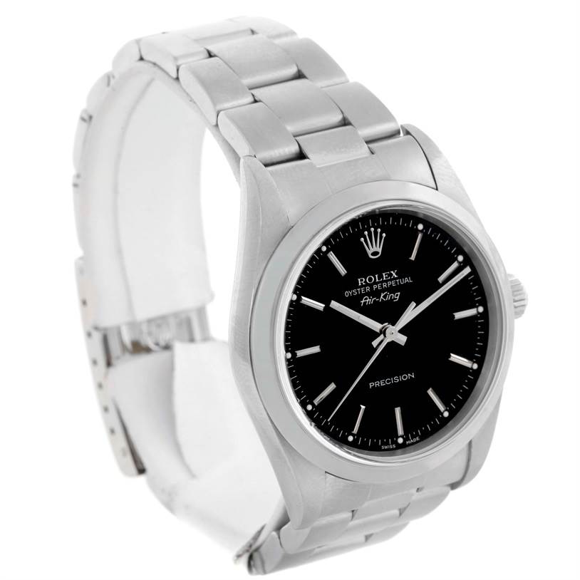This image shows a side angle view of the Rolex Air-King 14000 Men's Stainless Steel Black Dial 14000 Men's Stainless Steel Black Dial watch, displaying the bracelet, case, dial, and crown.