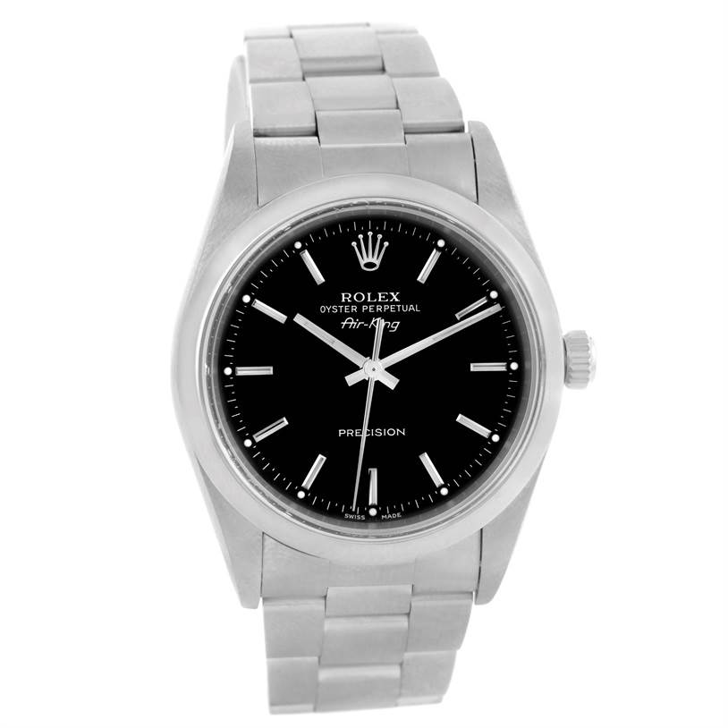 The image shows a front view of the Rolex Air-King 14000 Men's Stainless Steel Black Dial 14000 Men's Stainless Steel Black Dial watch, highlighting its black dial, silver markers, and stainless steel bracelet.