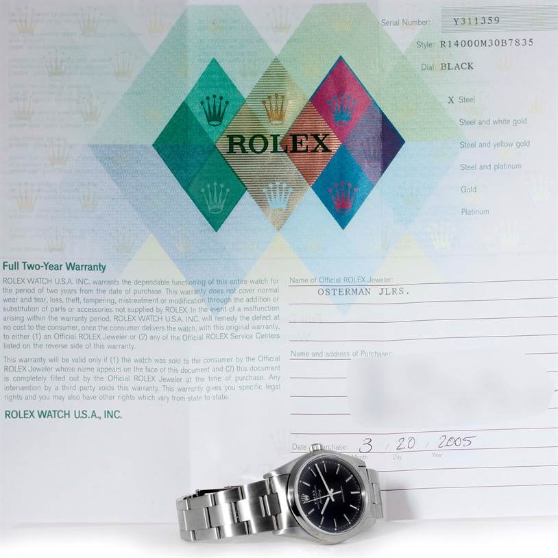 The image shows a Rolex Air-King 14000 Men's Stainless Steel Black Dial 14000 Men's Stainless Steel Black Dial watch positioned at an angle on its side, beside its warranty certificate.