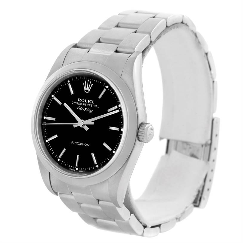 The image shows a three-quarter angle of a Rolex Air-King 14000 Men's Stainless Steel Black Dial 14000 Men's Stainless Steel Black Dial watch, highlighting the face, bezel, crown, and stainless steel bracelet.