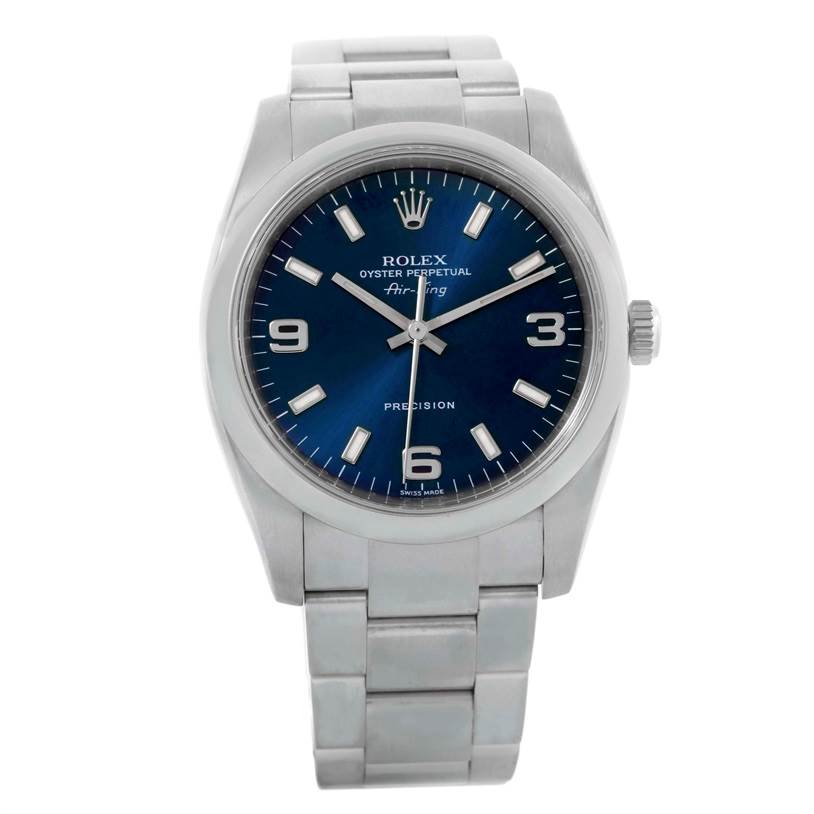 This image shows a front view of the Rolex Air-King 114200 Men's Stainless Steel Blue Dial 114200 Men's Stainless Steel Blue Dial watch, displaying the dial, hands, and bracelet.