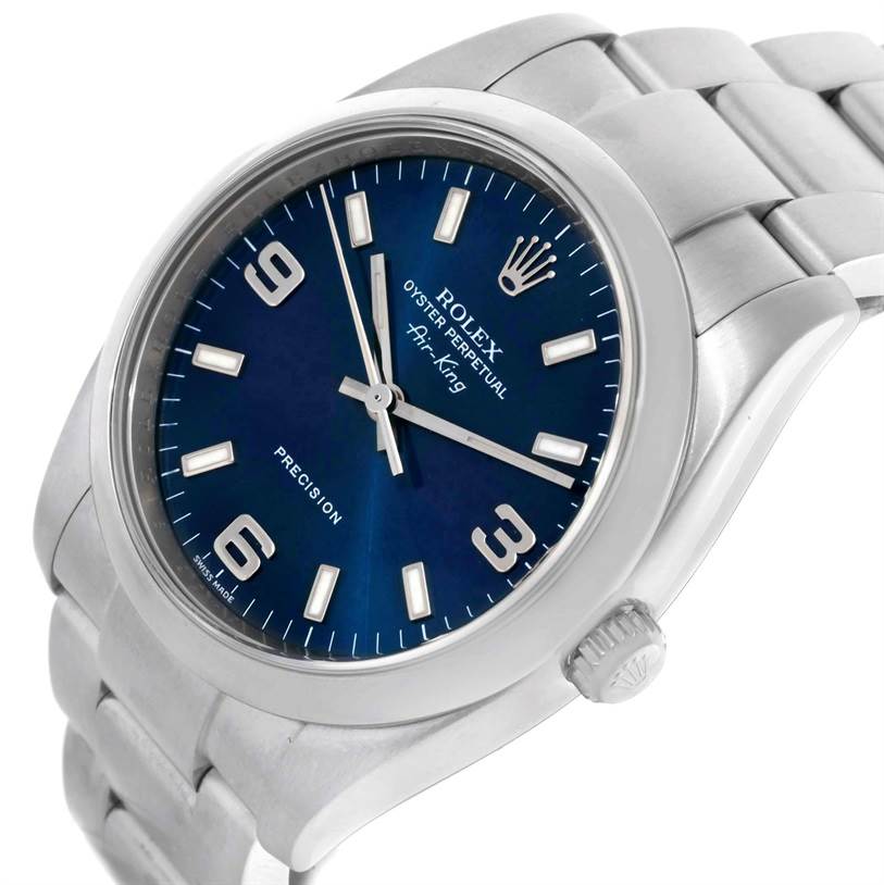 The image shows a Rolex Air-King 114200 Men's Stainless Steel Blue Dial 114200 Men's Stainless Steel Blue Dial watch at a slight angle, highlighting the blue dial, crown, and part of the bracelet.