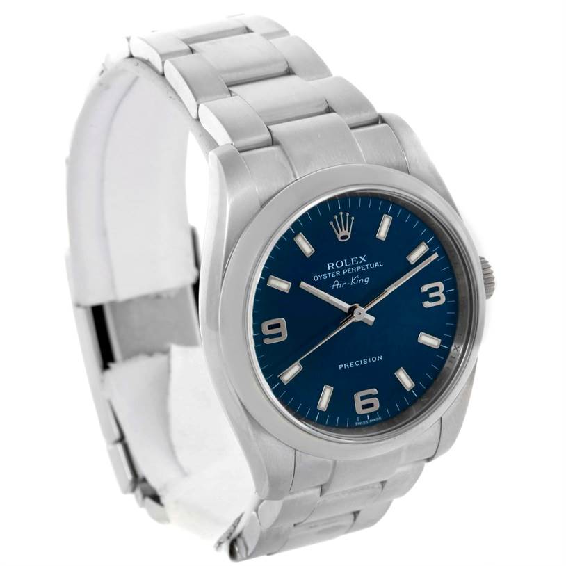 The image shows a Rolex Air-King 114200 Men's Stainless Steel Blue Dial 114200 Men's Stainless Steel Blue Dial watch at a three-quarter angle, highlighting the blue dial, stainless steel bracelet, and crown.