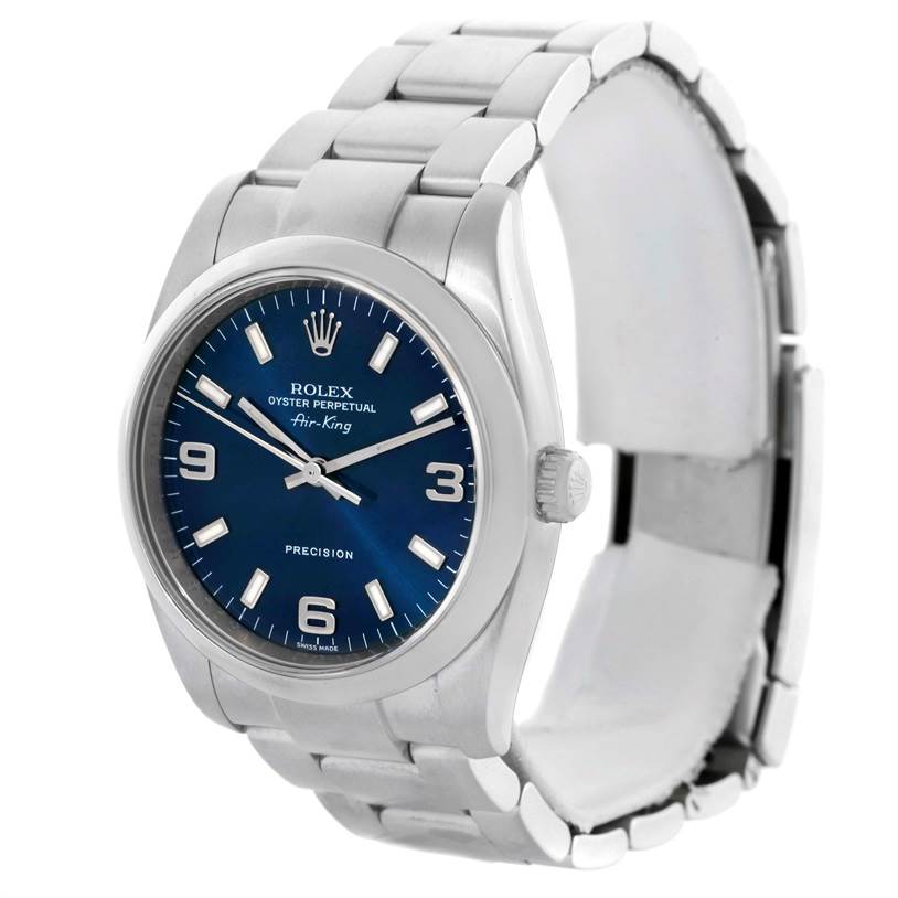 This image shows a front angle view of the Rolex Air-King 114200 Men's Stainless Steel Blue Dial 114200 Men's Stainless Steel Blue Dial watch, featuring its blue dial and metal bracelet.