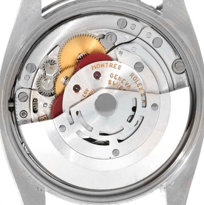 This image shows the internal mechanical movement of a Rolex Air-King 114200 Men's Stainless Steel Blue Dial 114200 Men's Stainless Steel Blue Dial watch from a top-down angle.