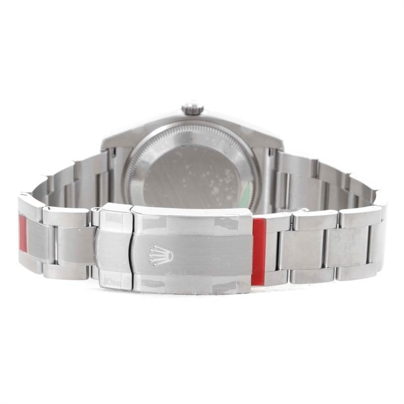 The image shows the back view of a Rolex Air-King 114200 Men's Stainless Steel Blue Dial 114200 Men's Stainless Steel Blue Dial watch, highlighting the bracelet and clasp.