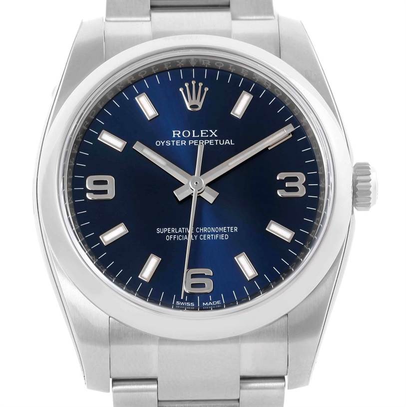 This image shows a front view of the Rolex Air-King 114200 Men's Stainless Steel Blue Dial 114200 Men's Stainless Steel Blue Dial watch, focusing on the dial, bezel, crown, and part of the bracelet.