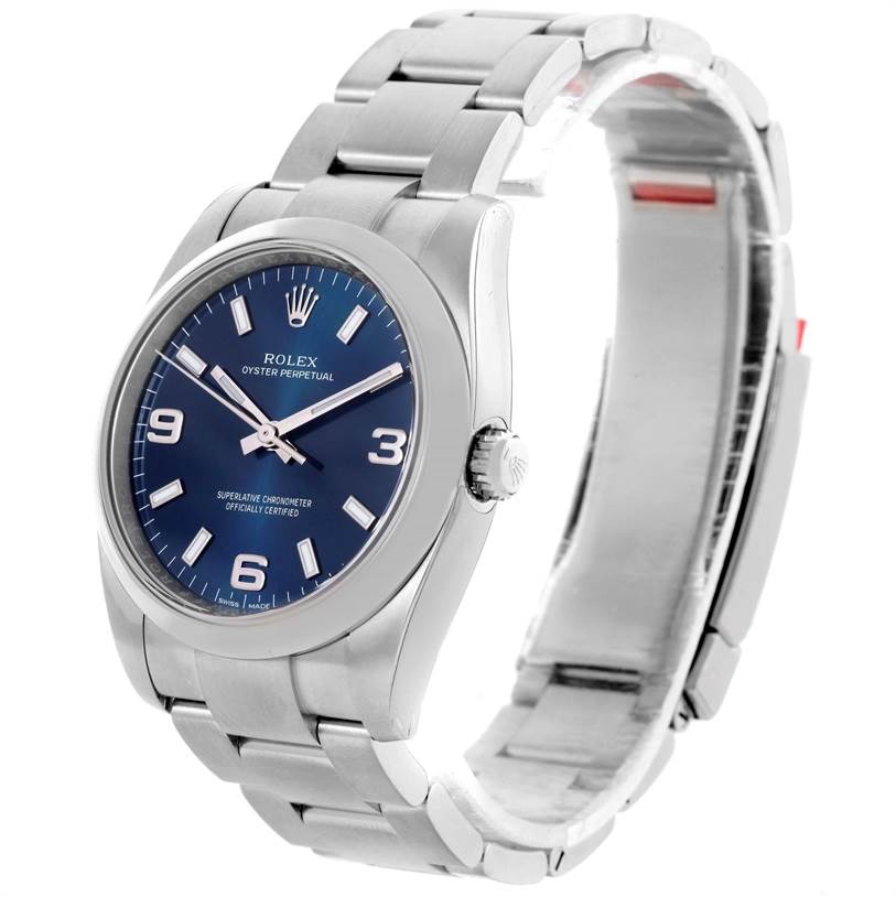 The image shows a Rolex Air-King 114200 Men's Stainless Steel Blue Dial 114200 Men's Stainless Steel Blue Dial watch at a three-quarter angle, displaying the face, bracelet, and crown.