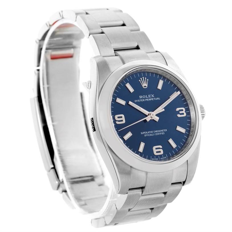 The image shows a Rolex Air-King 114200 Men's Stainless Steel Blue Dial 114200 Men's Stainless Steel Blue Dial watch angled to display the face, bezel, crown, and bracelet.