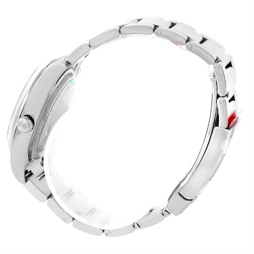 The image shows a side profile of the Rolex Air-King 114200 Men's Stainless Steel Blue Dial 114200 Men's Stainless Steel Blue Dial watch, highlighting the crown, case, and bracelet.