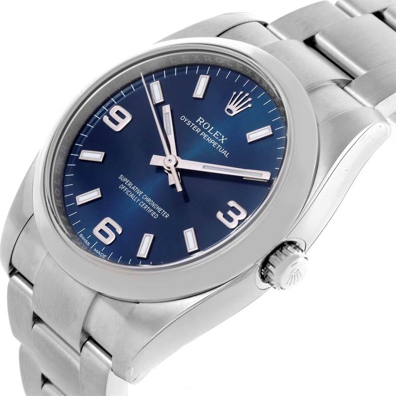 This image shows a close-up, angled view of the Rolex Air-King 114200 Men's Stainless Steel Blue Dial 114200 Men's Stainless Steel Blue Dial watch, highlighting the dial, bezel, crown, and part of the bracelet.