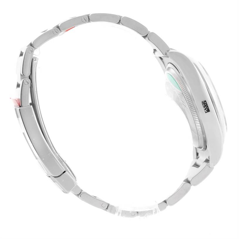 The image shows a side view of a Rolex Air-King 114200 Men's Stainless Steel Blue Dial 114200 Men's Stainless Steel Blue Dial model watch, focusing on the bracelet and case.