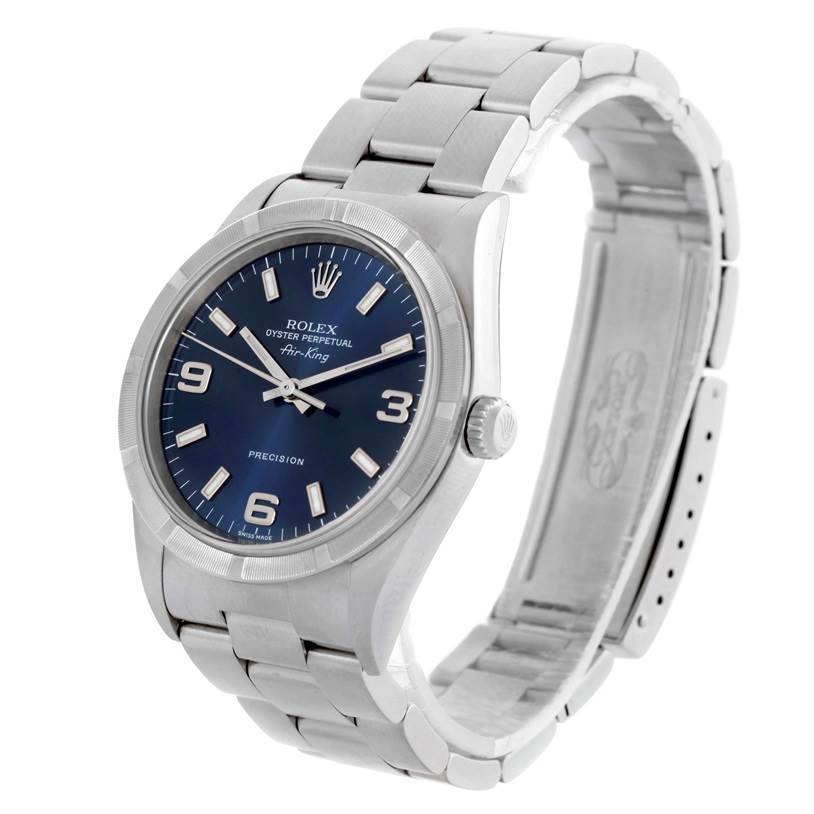 The image shows a Rolex Air-King 14010 Men's Stainless Steel Blue Dial 14010 Men's Stainless Steel Blue Dial watch from a front-side angle, displaying the face, bezel, crown, and bracelet.