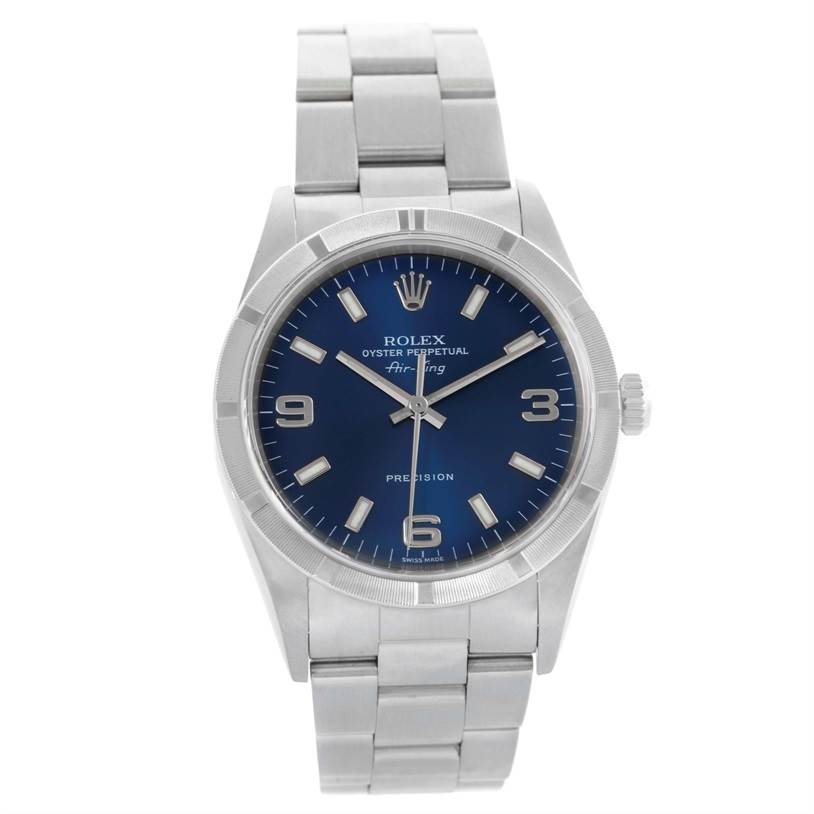 This image shows a front view of the Rolex Air-King 14010 Men's Stainless Steel Blue Dial 14010 Men's Stainless Steel Blue Dial watch, displaying the face, bezel, crown, and bracelet.