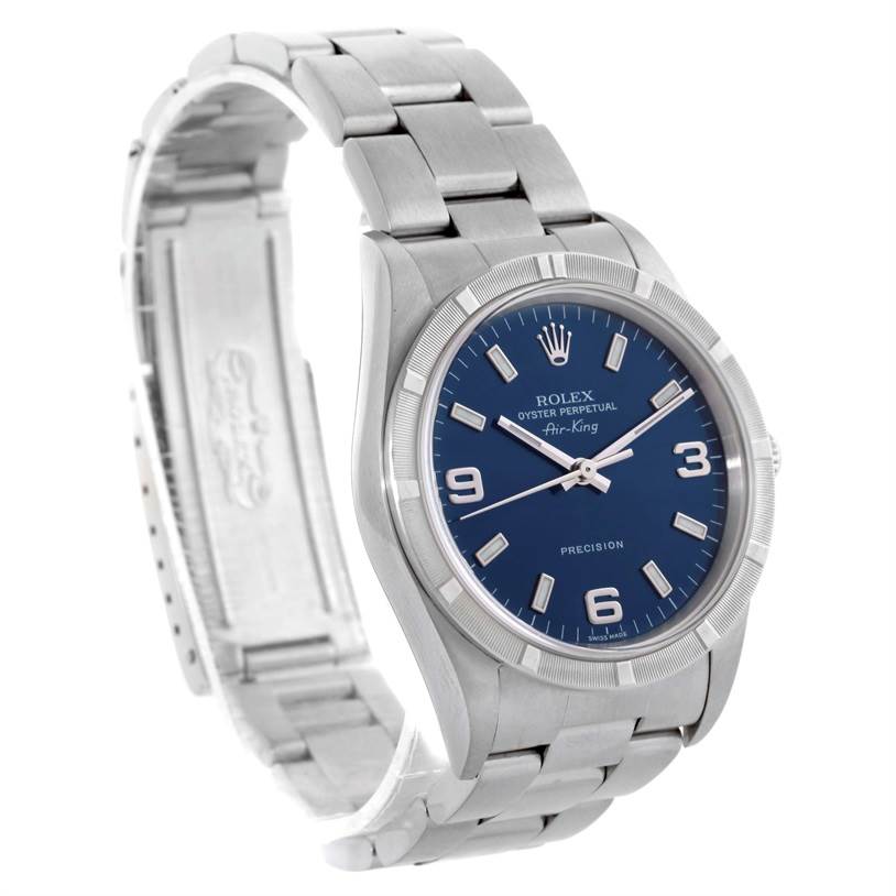 The image shows a Rolex Air-King 14010 Men's Stainless Steel Blue Dial 14010 Men's Stainless Steel Blue Dial watch from a three-quarter angle, displaying the face, case, and part of the bracelet.