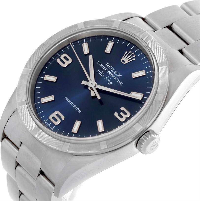 The image shows a close-up angled view of the face and part of the bracelet of a Rolex Air-King 14010 Men's Stainless Steel Blue Dial 14010 Men's Stainless Steel Blue Dial watch.