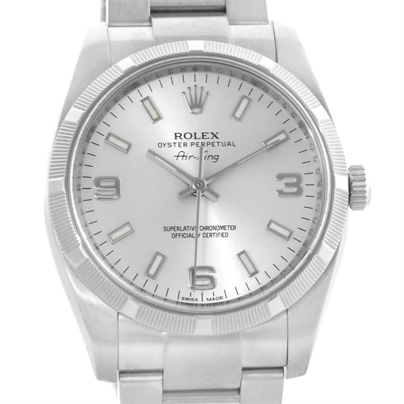 The image shows a front view of the Rolex Oyster Perpetual Air-King watch, highlighting the dial, hands, bezel, crown, and bracelet.