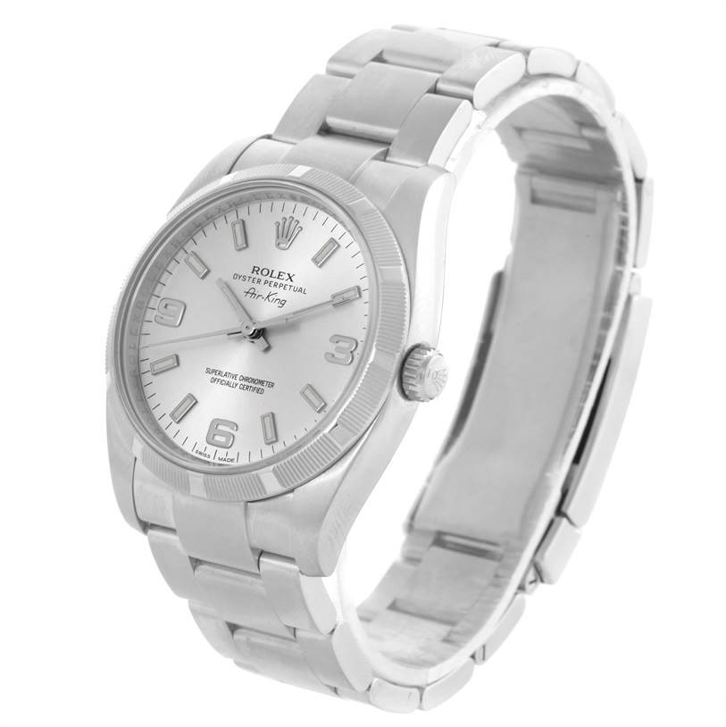 This image displays a Rolex Air-King 114210 Men's Stainless Steel Silver Dial 114210 Men's Stainless Steel Silver Dial watch at a three-quarter angle, showcasing its dial, bezel, crown, and metal bracelet.