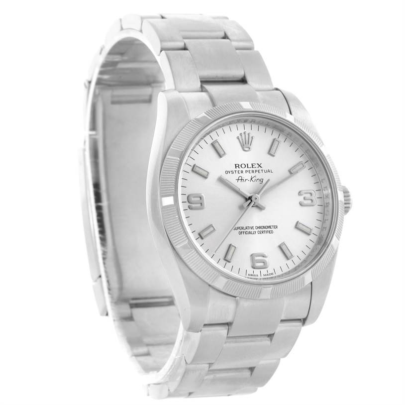 This Rolex Air-King 114210 Men's Stainless Steel Silver Dial 114210 Men's Stainless Steel Silver Dial model watch is shown at a three-quarter angle, highlighting its bracelet, bezel, and dial.