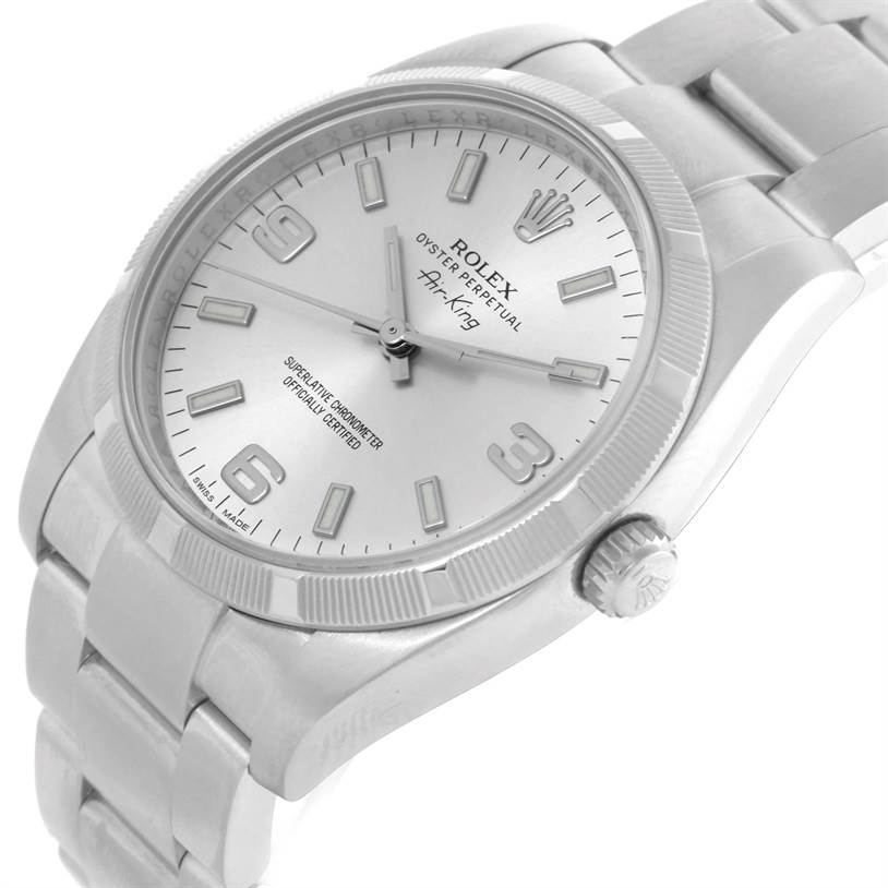 The image shows a Rolex Air-King 114210 Men's Stainless Steel Silver Dial 114210 Men's Stainless Steel Silver Dial watch from an angled view, displaying its dial, crown, and part of the bracelet.