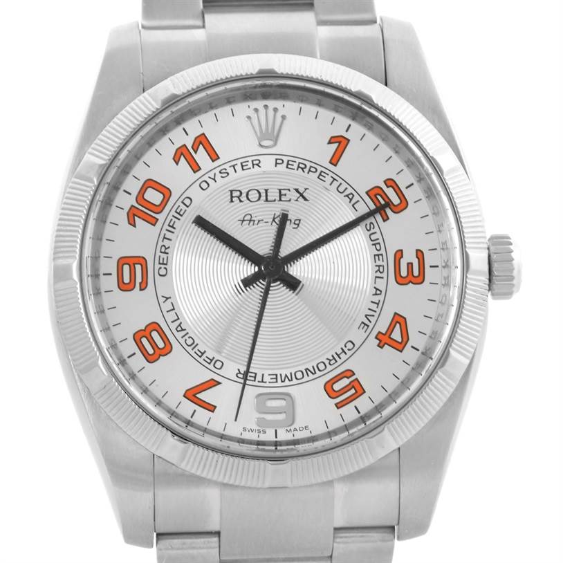 This image shows a front view of a Rolex Air-King 114210 Men's Stainless Steel Silver Dial 114210 Men's Stainless Steel Silver Dial watch, highlighting its dial, numerals, crown, and bracelet.