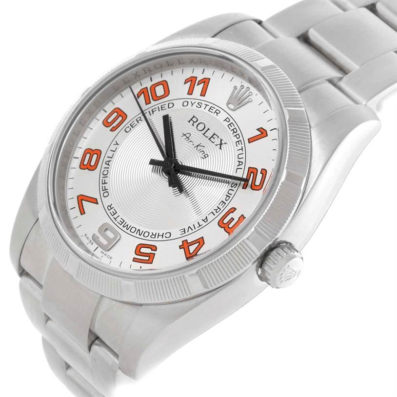 This image shows a close-up view of the Rolex Air-King 114210 Men's Stainless Steel Silver Dial 114210 Men's Stainless Steel Silver Dial watch focusing on the dial, bezel, crown, and bracelet from a slight angle.