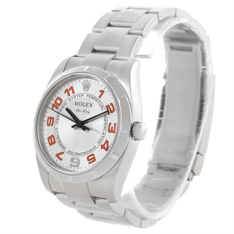 This image shows a Rolex Air-King 114210 Men's Stainless Steel Silver Dial 114210 Men's Stainless Steel Silver Dial watch at a front-left angle, displaying its face, bracelet, and crown.