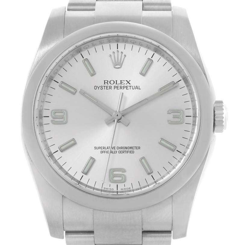 This image shows a front angle of the Rolex Air-King 114200 Men's Stainless Steel Silver Dial 114200 Men's Stainless Steel Silver Dial watch, focusing on the dial, bezel, and part of the bracelet.