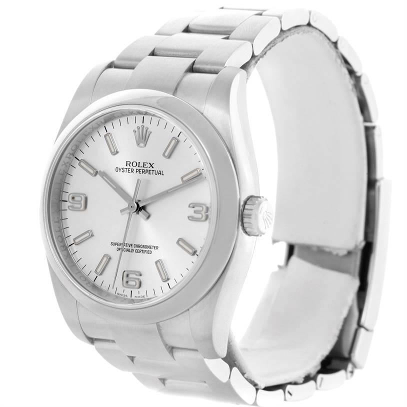 The image shows a Rolex Air-King 114200 Men's Stainless Steel Silver Dial 114200 Men's Stainless Steel Silver Dial watch from an angled side view, highlighting the face, dial, and part of the bracelet.
