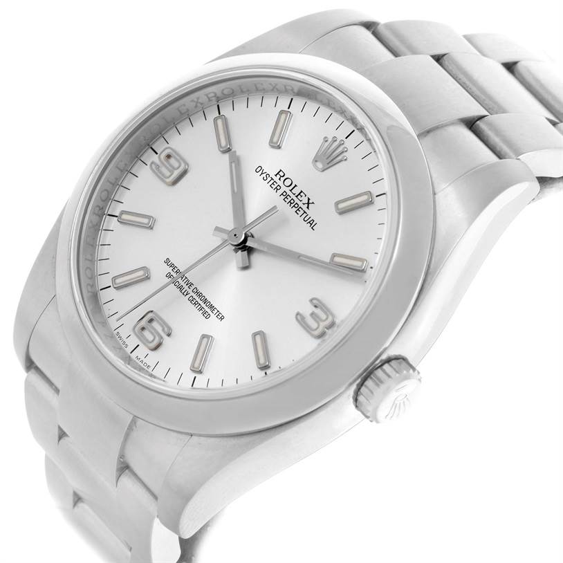 This Rolex Air-King 114200 Men's Stainless Steel Silver Dial 114200 Men's Stainless Steel Silver Dial watch is shown at an angled close-up, highlighting the dial, case, and bracelet.