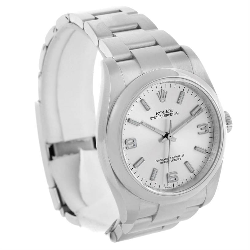 The image shows the Rolex Air-King 114200 Men's Stainless Steel Silver Dial 114200 Men's Stainless Steel Silver Dial watch from a front angle, highlighting its face, bezel, and bracelet.