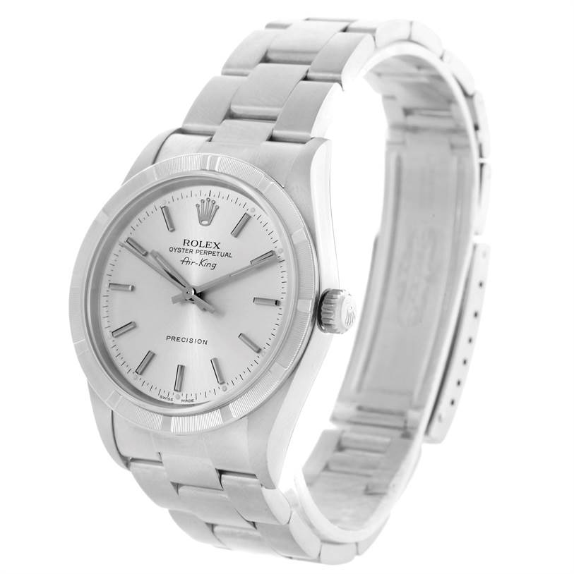 The image shows a Rolex Air-King 14010 Men's Stainless Steel Silver Dial 14010 Men's Stainless Steel Silver Dial watch from a slightly angled front view, displaying its dial, crown, and partly open metal bracelet.