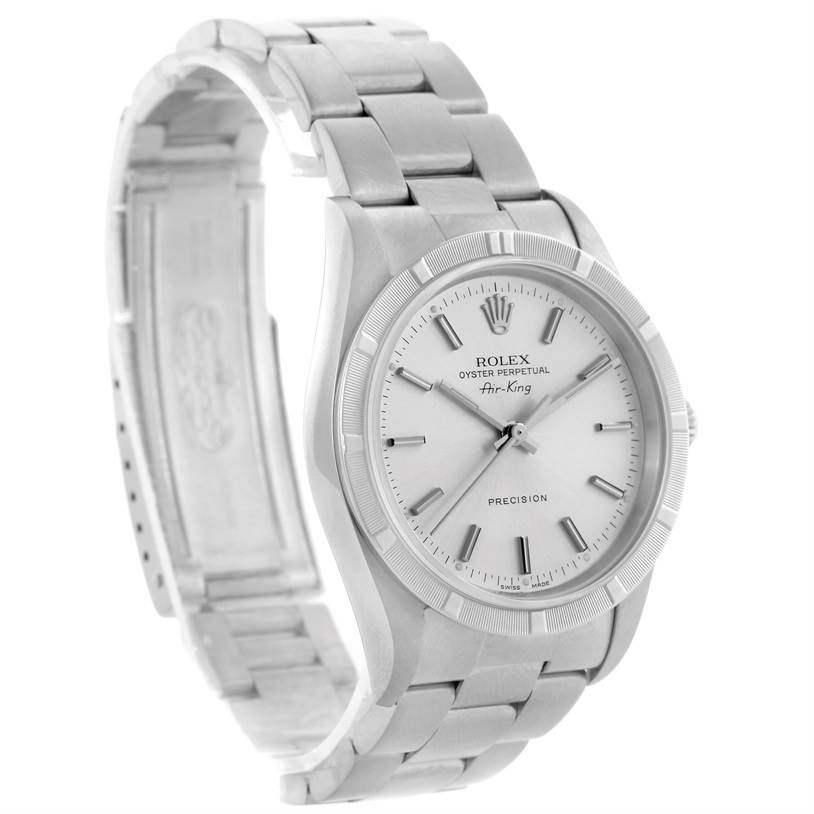 This image shows a Rolex Air-King 14010 Men's Stainless Steel Silver Dial 14010 Men's Stainless Steel Silver Dial watch at an angled side view, displaying the face, bezel, and bracelet.