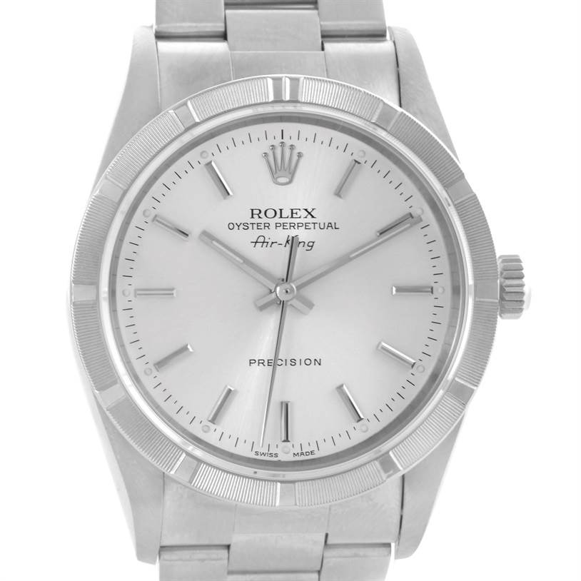 The image shows the face and bracelet of the Rolex Air-King 14010 Men's Stainless Steel Silver Dial 14010 Men's Stainless Steel Silver Dial watch from a front view angle.