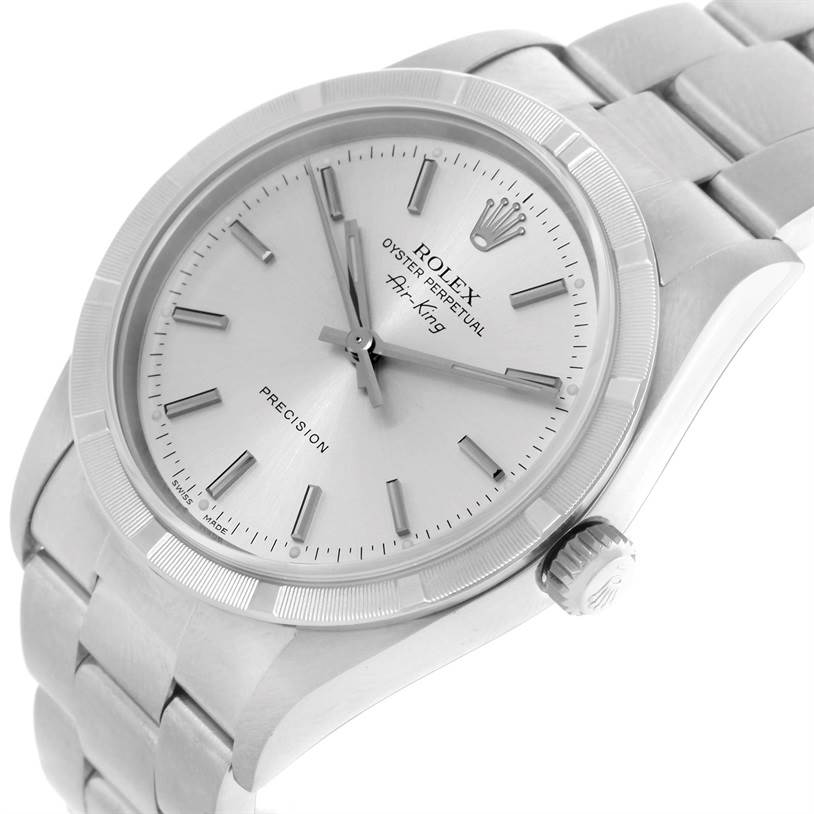 The image shows a Rolex Air-King 14010 Men's Stainless Steel Silver Dial 14010 Men's Stainless Steel Silver Dial watch at an angled view, highlighting the dial, bezel, link bracelet, and crown.